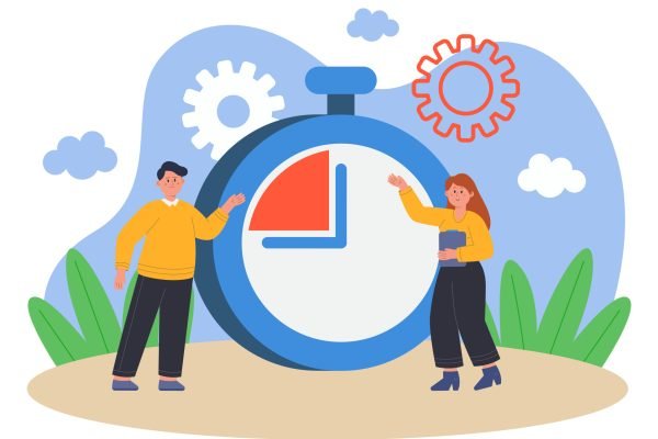 Worried male and female characters with timer in background. Woman holding clipboard looking at time clock flat vector illustration. Time management, deadline, competition, countdown concept